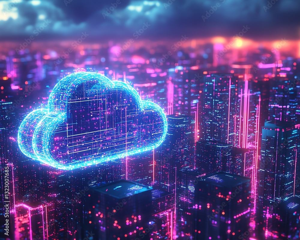Poster futuristic smart city with cloud computing and data storage concept, neon blue and purple lights, 3d