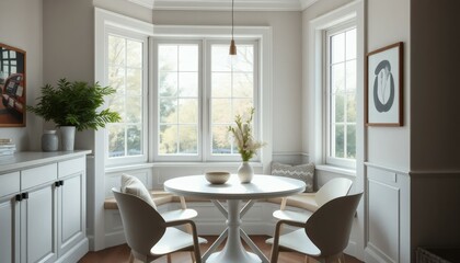 Fototapeta premium Elegant Dining Room with Round White Table and Window Seat for Relaxation