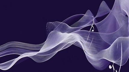 Fototapeta premium Abstract musical wave with flowing white notes on dark background, futuristic sound visualization