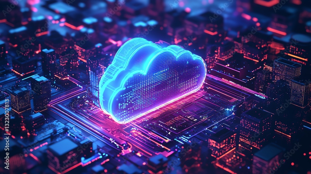 Aufkleber 3D rendering of a futuristic smart city, cloud computing and data storage concept with neon blue and purple lighting, dark background, cuttingedge technology and innovation