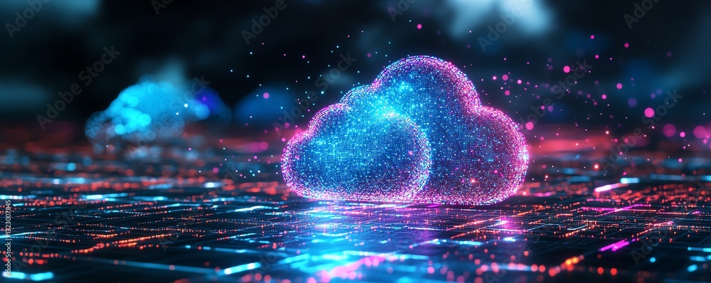 Leinwandbilder 3d rendering of a smart city with cloud computing and data storage, neon blue and purple lights, fut
