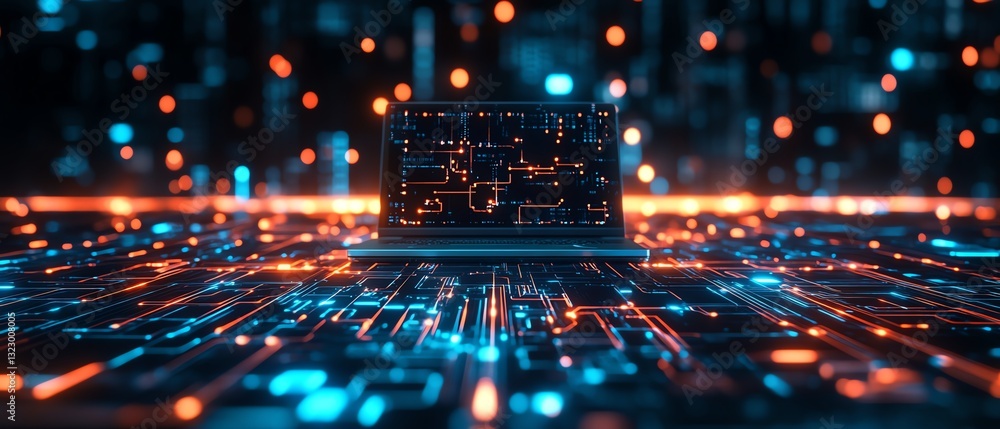 Poster aipowered circuit board overlay on a modern office desk with a laptop, digital connections, futurist