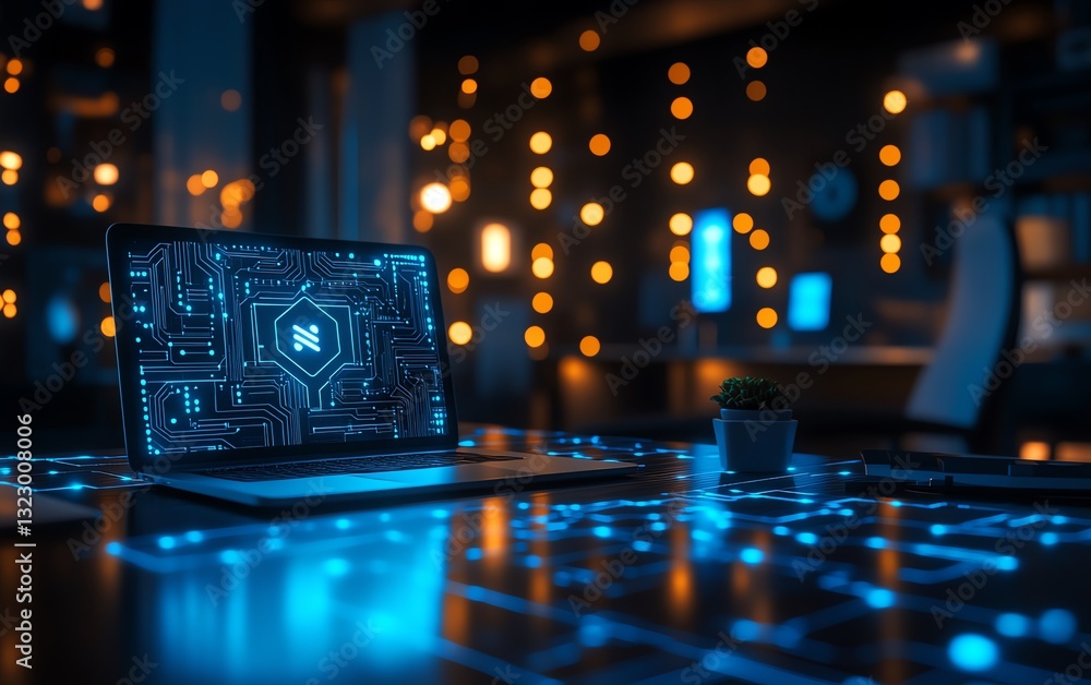 Leinwandbilder ai circuit board overlay on a modern office desk with a laptop, digital technology, hightech workspa