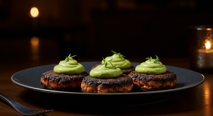 Culinary Delights: An overhead shot of a plate with four gourmet patties topped with vibrant green cream. The subtle lighting enhances the exquisite presentation.