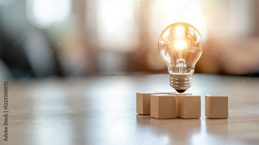 Poster creative light bulb floating above wooden blocks with a bright background in a modern workspace sett