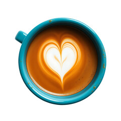 Cup of cappuccino with beautiful latte art in a turquoise cup and saucer, isolated on transparent background.