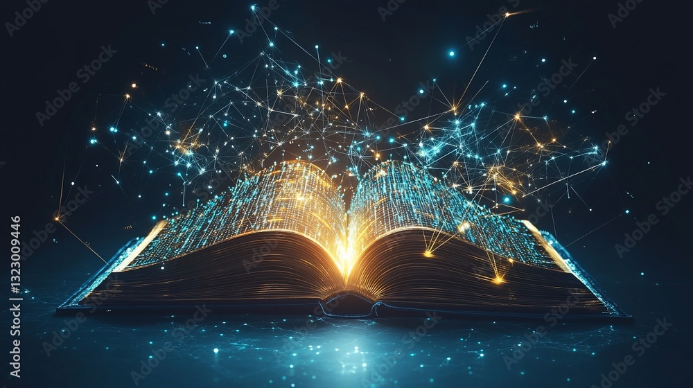 Poster abstract open book with digital data emanating, network connection concept