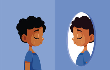 Unhappy Depressed Boy Looking in the Mirror Vector Illustration. Anxious sad little child feeling insecure and abandoned 
