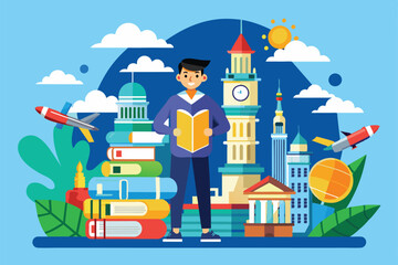 A student stands confidently with a book surrounded by iconic buildings and educational themes in a vibrant setting, Study abroad Customizable Flat Illustration