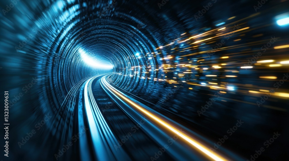 Poster abstract light trails in a dimly lit tunnel with curved tracks and motion blur effects
