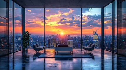 Stunning Cityscape Sunset View from Modern Penthouse Apartment with Lounge Furniture