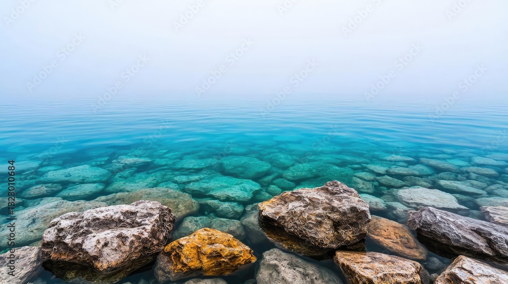 Poster Seascape abstract background concept. Serene view of clear water and rocks under a soft mist, creating a tranquil atmosphere.