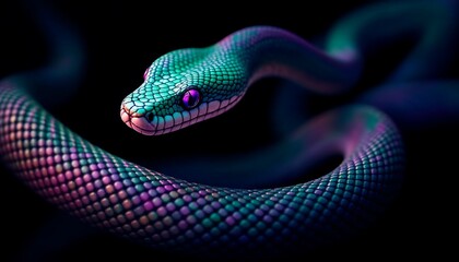 Colorful Snake Coiling Close-up with Vibrant Scales and Glowing Eyes