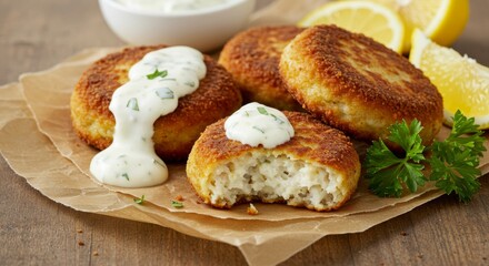 Golden Fish Cakes with sauce: A mouthwatering arrangement of golden, crispy fish cakes, elegantly drizzled with creamy sauce, alongside fresh lemon wedges, parsley garnish, on a rustic wooden surface.