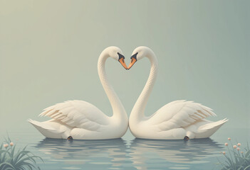 Fototapeta premium Two elegant swans form a heart shape with their necks while floating on a lake illustration