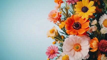 Floral illustration abstract background idea. Vibrant bouquet of assorted flowers against a soft blue background, showcasing nature's beauty.