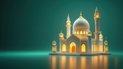 3D cute mosque, the mosque model is lit from inside glowing golden lights, a Ramadan Islamic celebration background banner design with copy space on the right side, a solid color green background