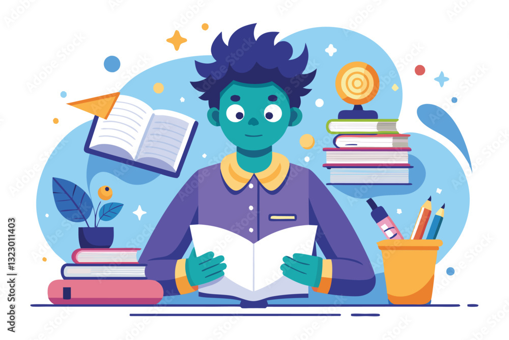 Poster a student engages in focusing on customizable disproportionate design while surrounded by books and 