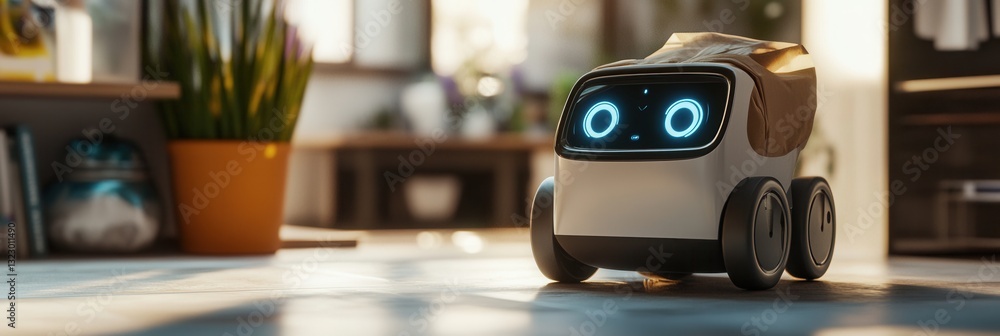 Poster friendly robot delivers groceries in a futuristic smart home with advanced technology and vibrant in