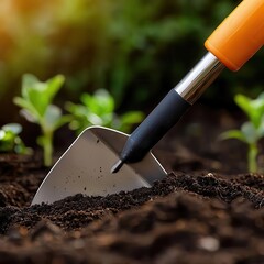 A close-up of soil being enriched with organic soil amendments, highlighting the tactile nature of gardening and vibrant plant life.