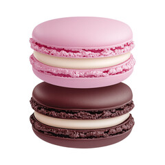 Delicious pink and brown macarons stacked together on white background