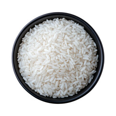 White rice in black bowl on white background, perfect for cooking