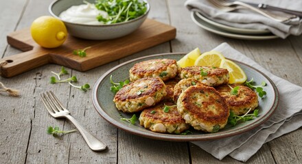 Golden Delights: Close-up of beautifully arranged crab cakes with a refreshing lemon twist on wooden table.
