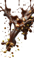 Indulgent chocolate pouring with nuts and splashes, Dubai Chocolate Splash png, dark chocolate with pistachios.Concept of gourmet, indulgence, pleasure