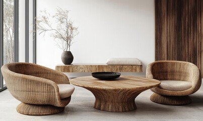 Home interior mock-up with rattan furniture, table and decor in living room, 3d render