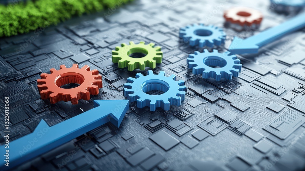 Poster process analytics infographic concept. optimizing industrial processes through innovative gear mecha