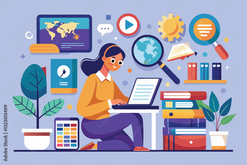 Poster a student sits at a desk with a laptop, exploring various online resources and surrounded by books, 