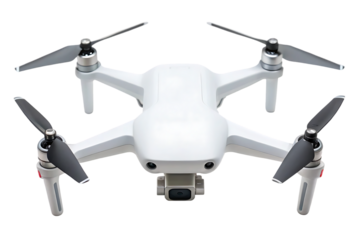 White drone with four propellers and a camera.