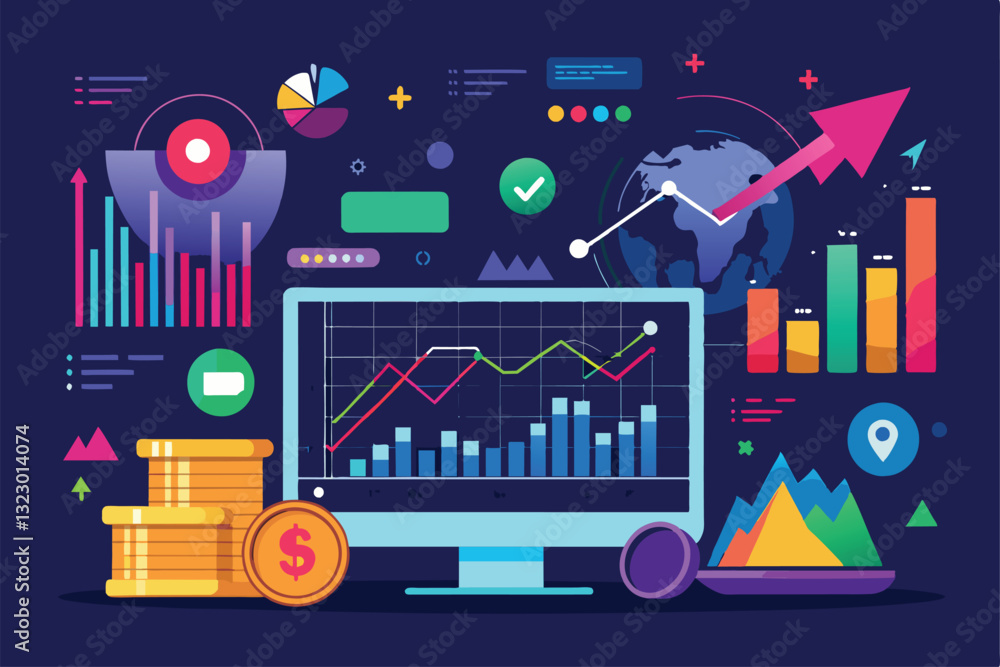 Poster a workspace features a computer displaying stock market graphs alongside charts and currency symbols