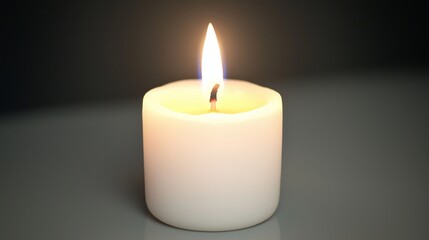A pure white candle glowing softly, placed against a smooth gradient gray background. The light from the flame flickers gently, casting subtle golden reflections on the wax. 
