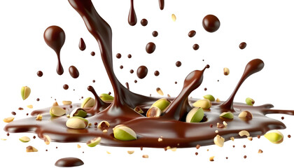 Indulgent chocolate pouring with nuts and splashes, Dubai Chocolate Splash png, dark chocolate with pistachios.Concept of gourmet, indulgence, pleasure
