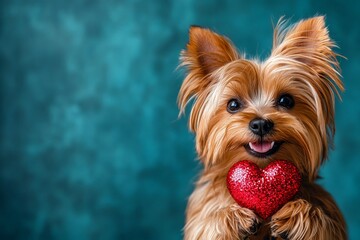 Cute yorkshire terrier canine with sparkling rhinestones red heart - emblem of love, funny greeting card. Yorkshire terrier - my preferred dog. Digital ads conceptual art concept art.