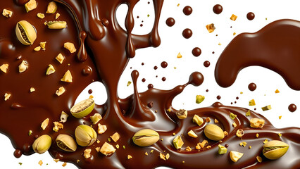 Indulgent chocolate pouring with nuts and splashes, Dubai Chocolate Splash png, dark chocolate with pistachios.Concept of gourmet, indulgence, pleasure