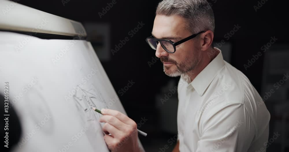 Poster business, drawing and night with man, deadline and architecture with development. evening, person an