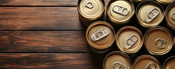 Many closed tin cans on brown table, flat lay. Space for text