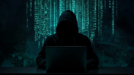 Anonymous Hacker in Dark Hoodie Using Laptop with Binary Code Background &mdash; Cybersecurity Threat, Data Breach, and Digital Crime Concept