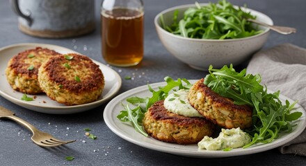 Gourmet Crab Cakes: Captivating the senses, the image showcases golden-brown crab cakes artfully arranged with vibrant arugula and delicate sauces, accompanied by a refreshing drink.