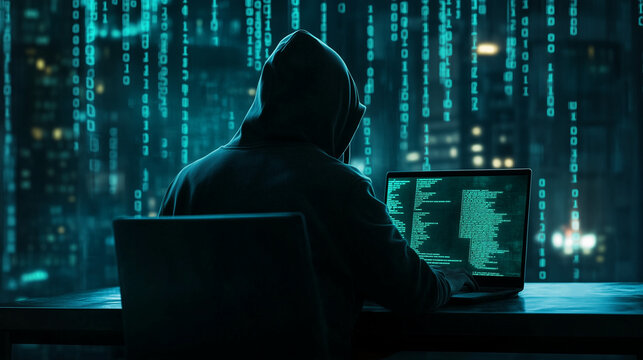 Anonymous Hacker in Dark Hoodie Using Laptop with Binary Code Background — Cybersecurity Threat, Data Breach, and Digital Crime Concept
