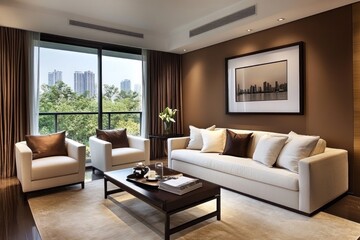 Fototapeta premium Modern living room with city view, white sofa, brown walls, and large window.