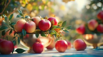 Obraz premium A Still Life of Red Apples in a Silver Bowl, Basking in the Warm Autumn Sunlight