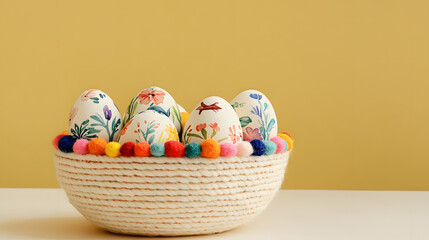 Fototapeta premium easter, egg, basket, holiday, eggs, spring, decoration, celebration, color, food, colorful, wicker, pink, seasonal, isolated, season, tradition, symbol, yellow, traditional, easter egg, nest, green, b