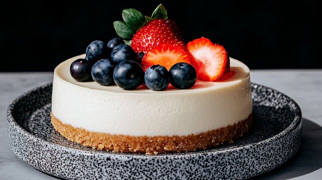 No-bake cheesecake with jocoque, a creamy, smooth cheesecake on a crumbly base with fresh berries and fruits on top.