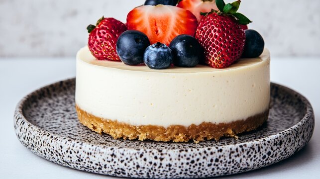 cheesecake with jocoque, fruits and crumbs on white background.
