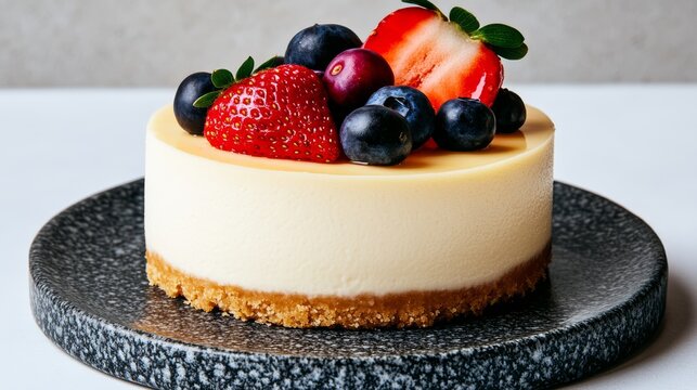 Cheesecake with fruits, copy space.