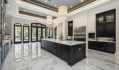 Front view of a modern, luxurious, large kitchen interior in white and black, used as a showcase