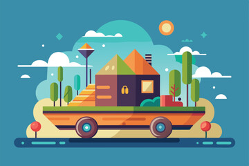 Naklejka premium A unique house on wheels drives through a colorful landscape filled with trees and clouds, Stumble Customizable Semi Flat Illustration